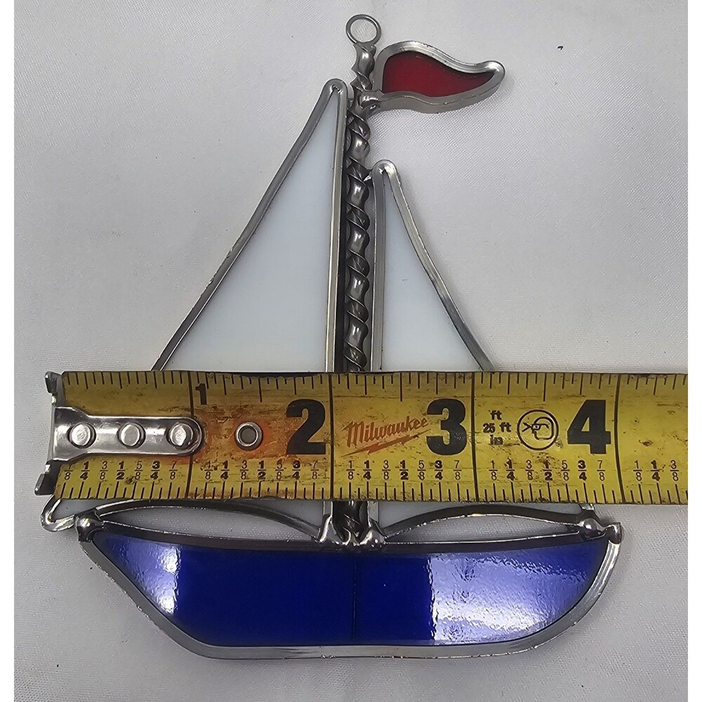 Vintage Sun Catcher Multicolor Stained Glass Ornament Nautical Sailboat 5"x4" - Picture 6 of 6